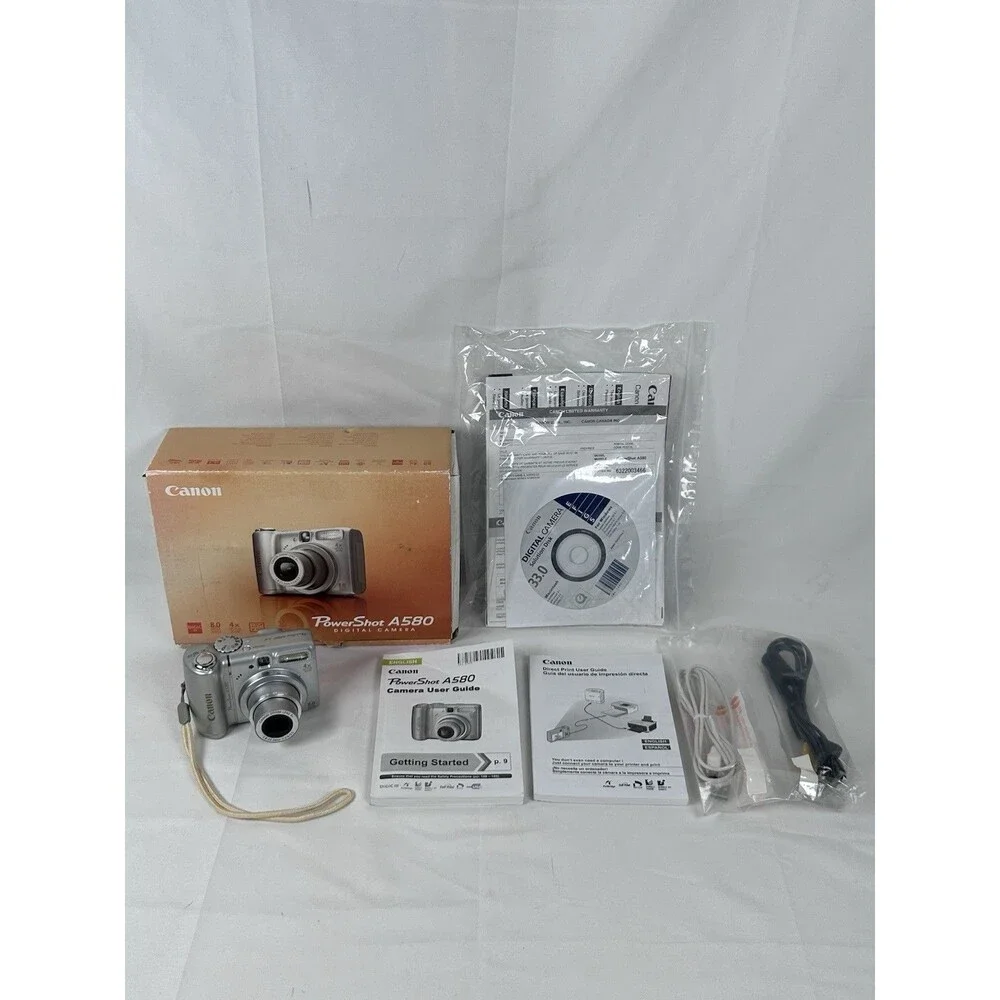 Canon PowerShot A580 8.0MP Digital Camera Silver w/ Box Manuals CD-ROM